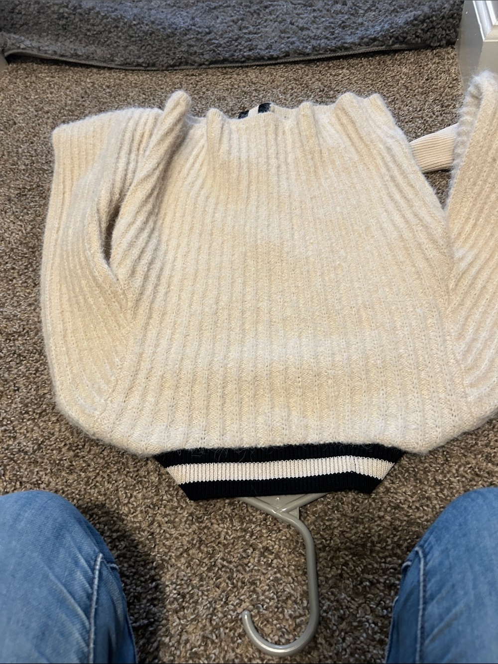 Express Cream Ribbed Cardigan with Black Trim - Picture 3 of 4